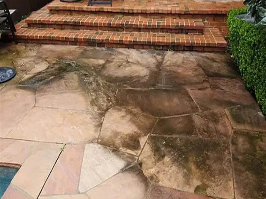 Flagstone deck with algae and bonded dust at the brick steps